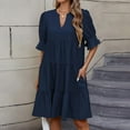 thumbnail image 2 of Linen Dress, Casual V Neck Short Sleeves Boho Dress With Ruffle Hem Beach Vacation Wedding Guest Short Dress Formal Maternity Mini Dress Evening For Women Dresses Casual (S, Dark Blue) ZMTing, 2 of 5