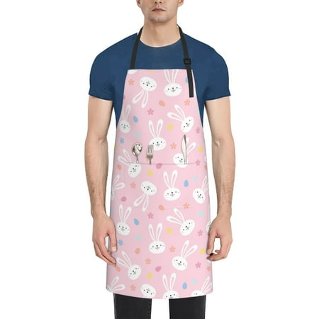 

Qekee Easter Cute Rabbit Print Waterproof Apron with Pockets Adjustable Cooking Aprons Kitchen Bib for Baking Household Cleaning