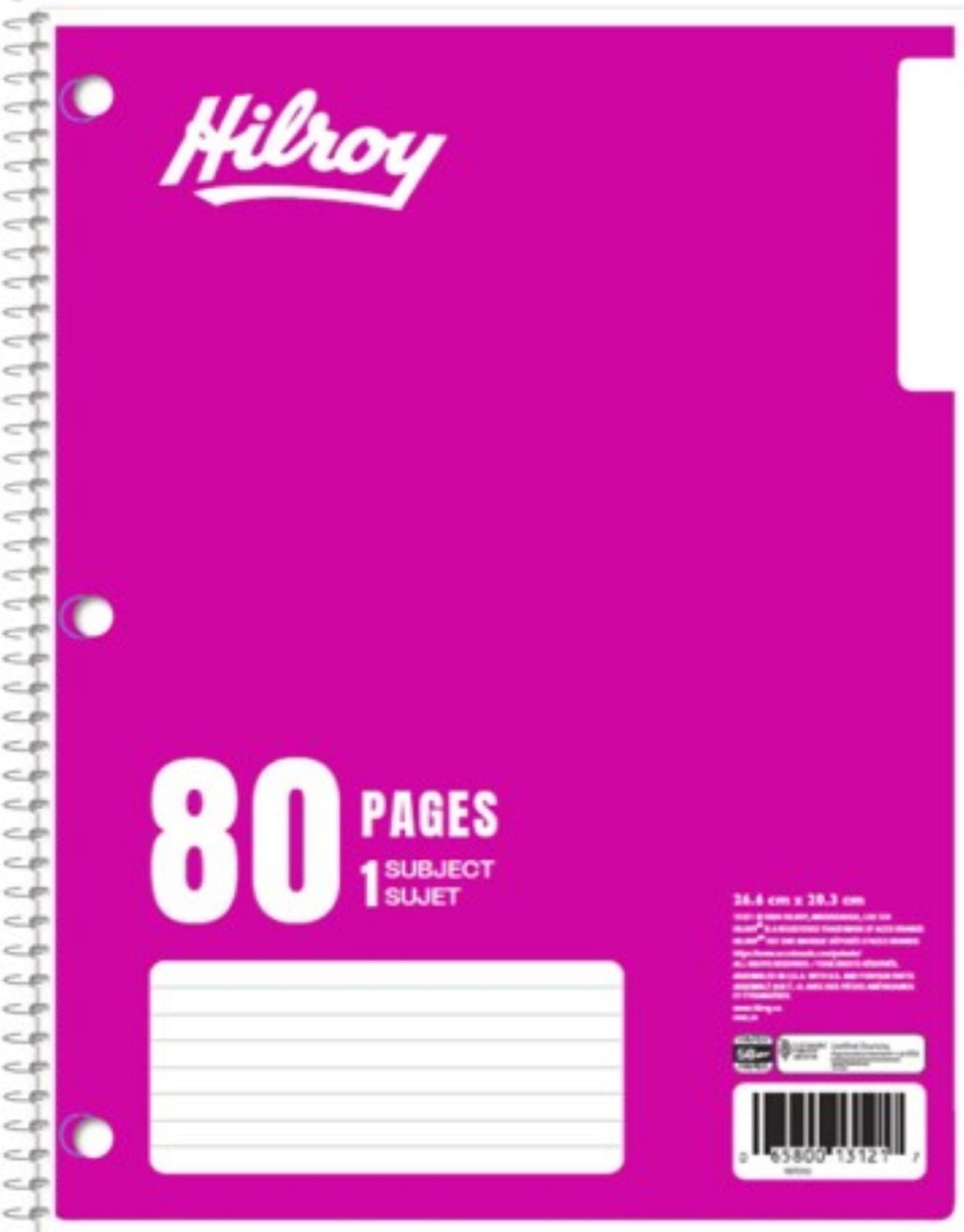 Hilroy Cahier à spirale à 1 sujet avec marge, 3 trous, 10 1/2 po x 8 po, 80 pages Cahier 1 sujet