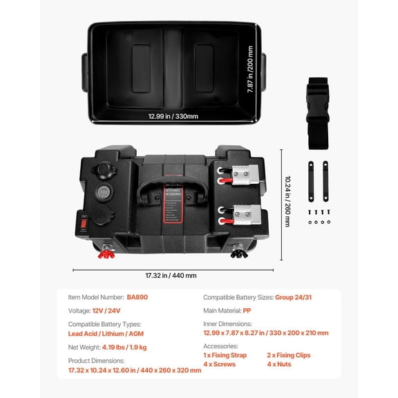 Battery Box,Group 24/31 Trolling Motor Battery Box,12V/24V Marine Batteries Case with PP Shell&Dual Straps,Smart Batteries Case,Suitable for Trolling Motor,Marine,RV&Solar Panel