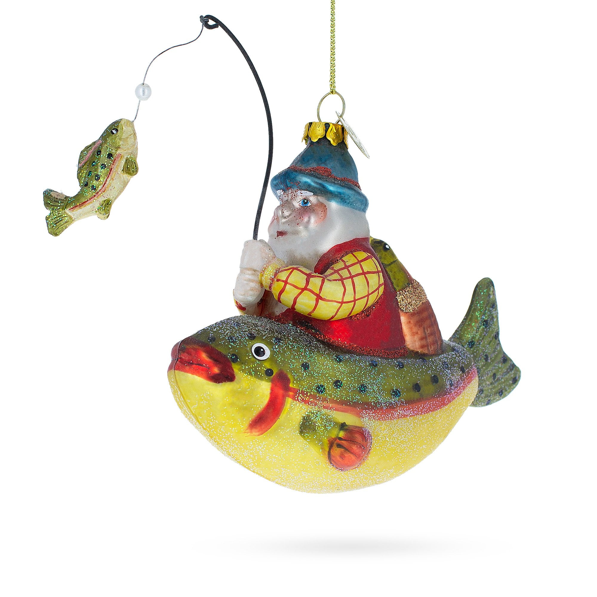 BestPysanky Santa Fishing on Boat Blown Glass Christmas