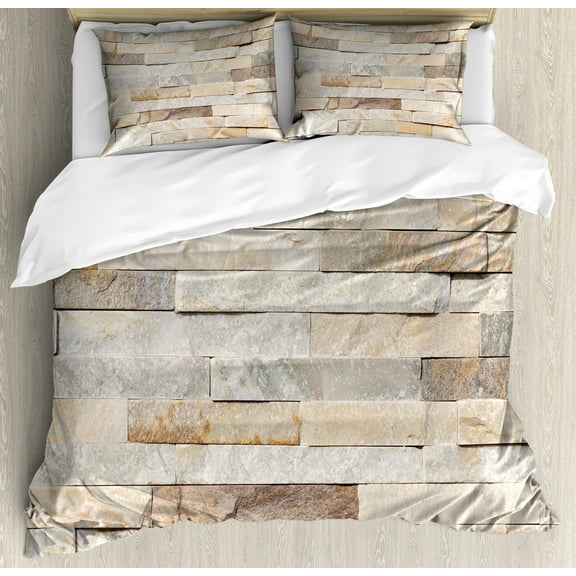 Ambesonne Ivory Duvet Cover Set, Brick Wall City, King, Cream Beige Tan