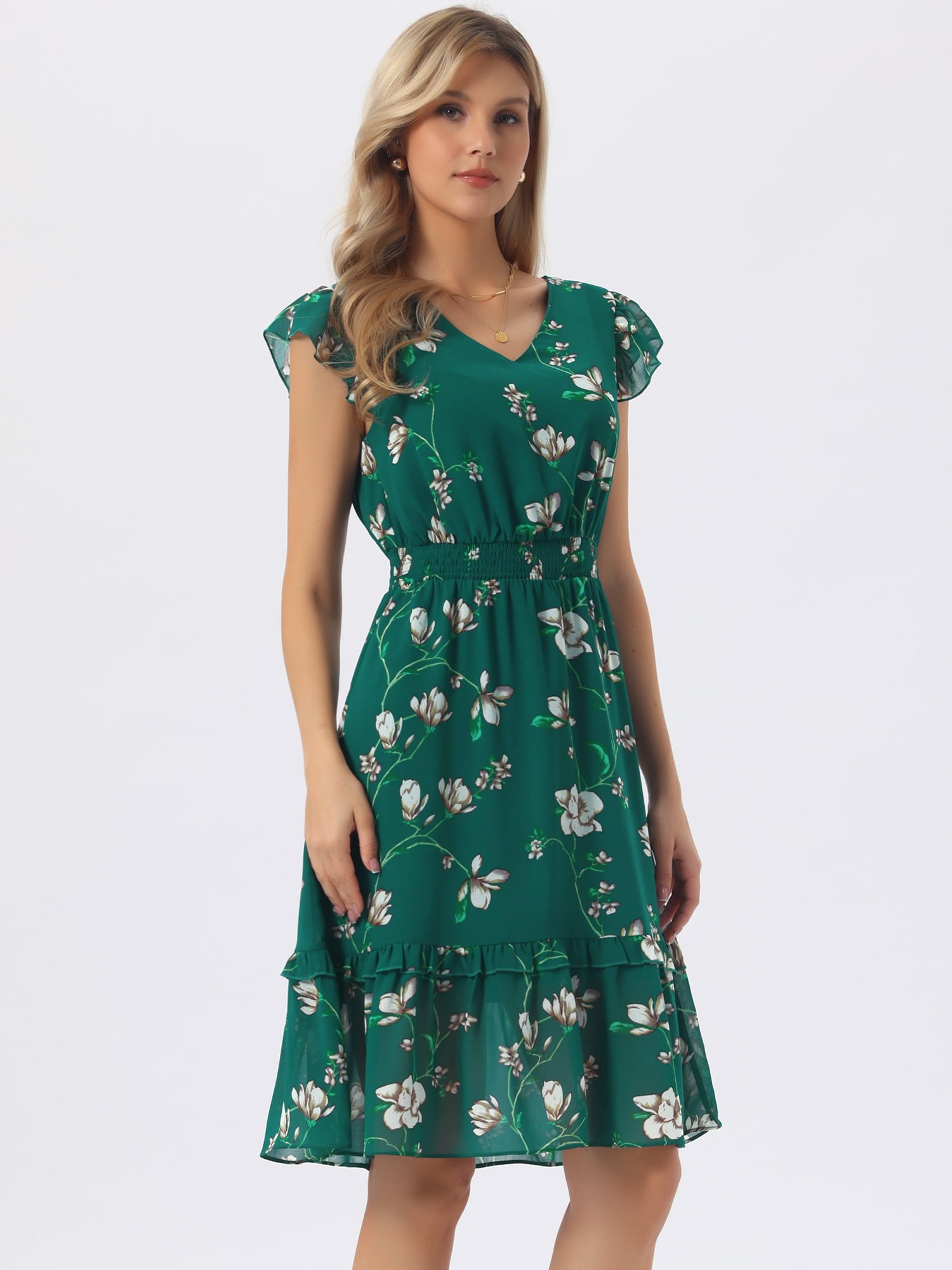 DARING DIVA Women's Floral Summer V Neck Flutter Sleeve Ruffle Dress M Dark Green