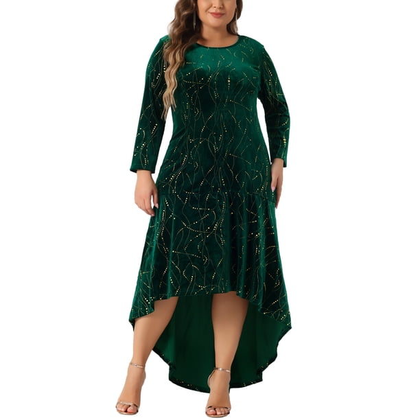 Vestidos formales de talla grande para mujer Agnes Orinda con mangas 3/4, corte sirena, dobladillo alto-bajo, vestido de terciopelo para invitadas de boda 3X en verde oscuro