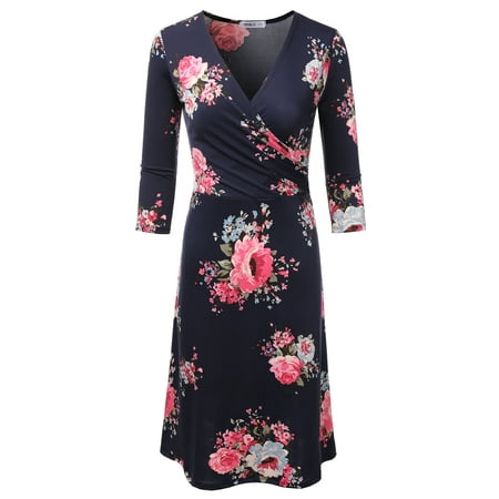 - Doublju Women's Faux Wrap A Line Dress 3/4 Sleeve Deep V Neck Flare Midi Dress NAVYROSE L