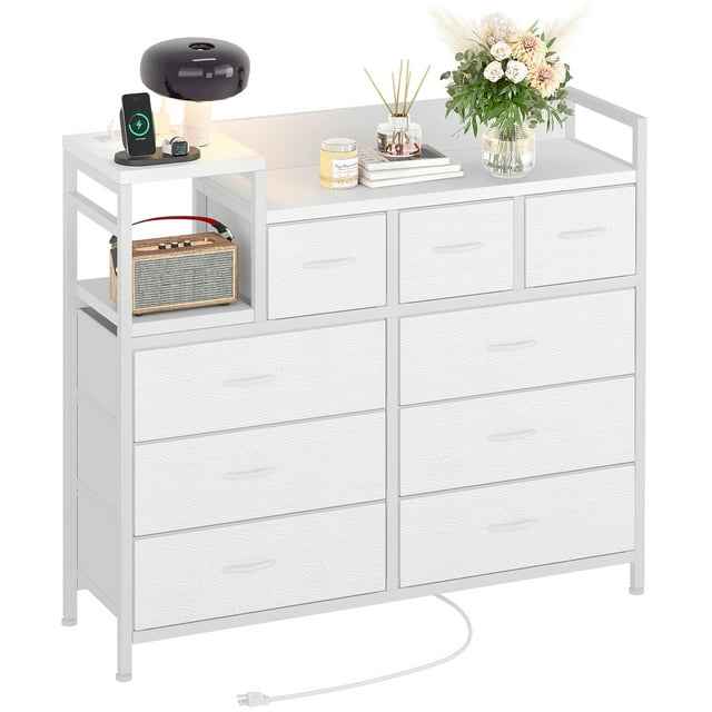 Meuble TV avec Prise Électrique, Commode de Chambre avec 9 Tiroirs, Commode pour Salon, Couloir