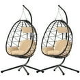 SEVENTH Resin Wicker Hanging Egg Chair with Cushion and Stand Black