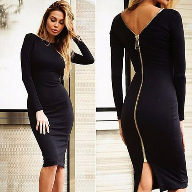 Womens Dresses Clearance Plus Size Trendy Women Solid Long Sleeve Stylish  Back Zipper Tight Vintage Long Dress Black XL JE 