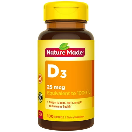 Nature Made Vitamin D3 1000 IU (25mcg) Softgels, 2X100 Count Twin Pack for Bone Health†
