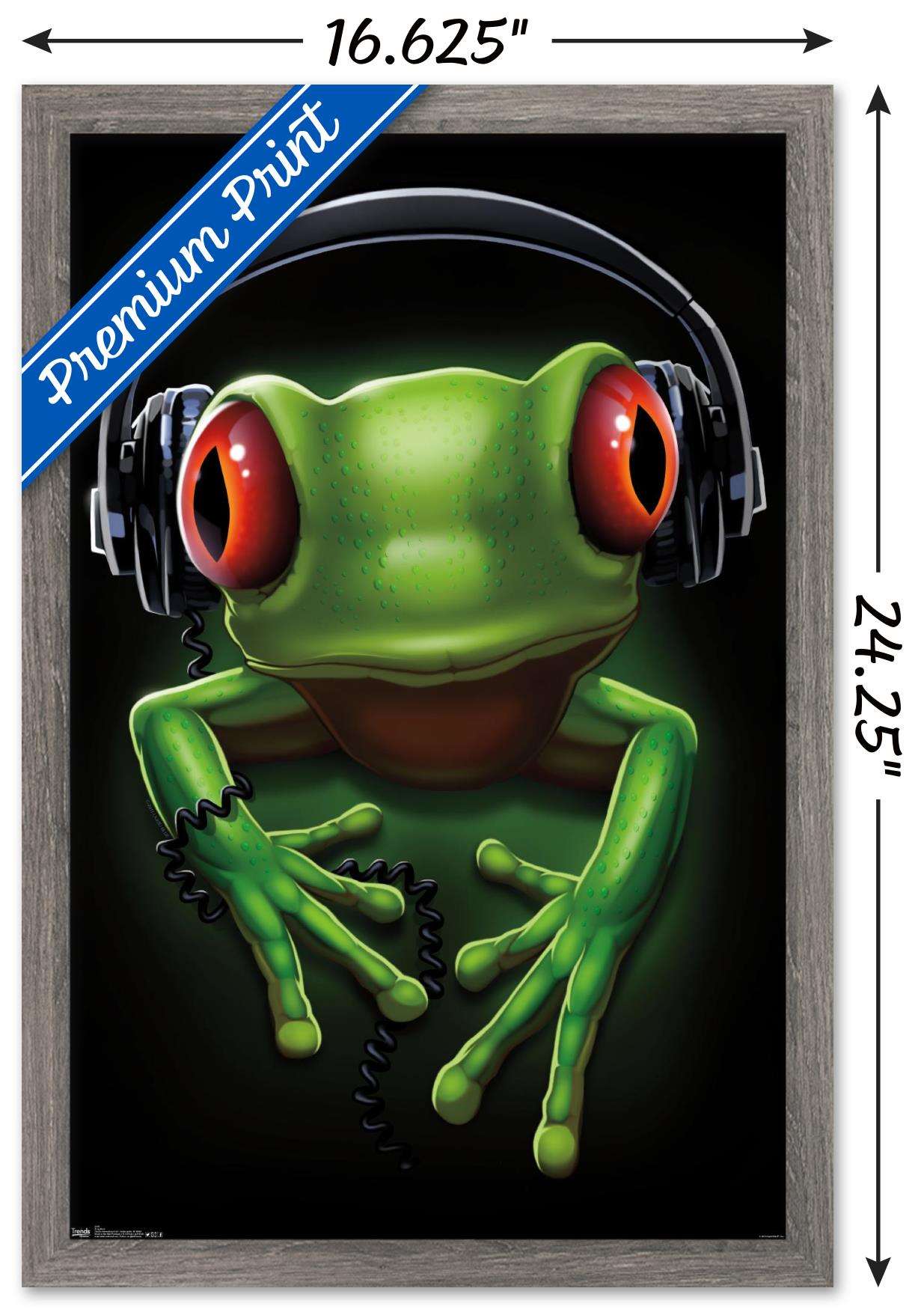 Frog - Headphones Wall Poster, 14.725" x 22.375", Framed