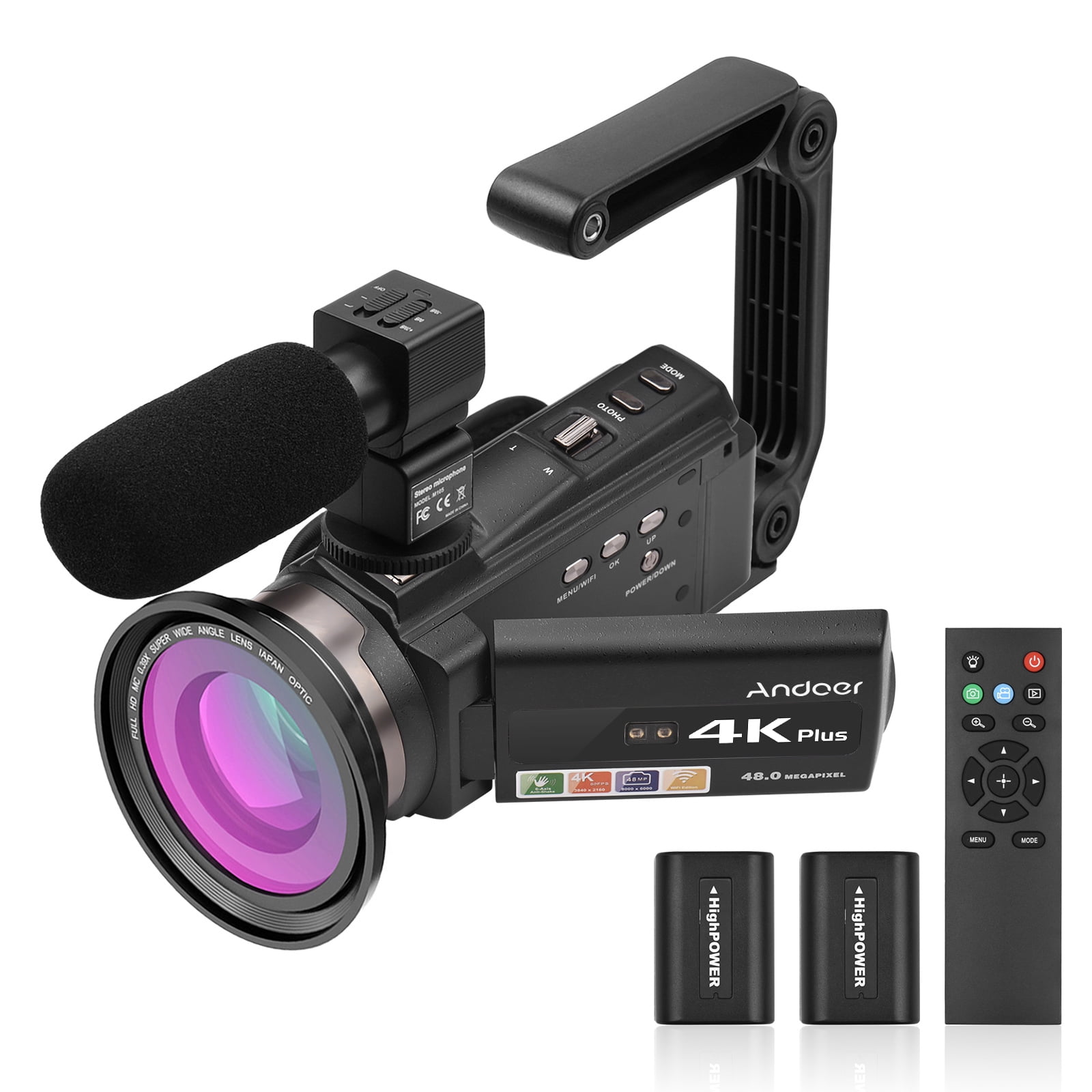 Andoer 4K/60FPS 48MP WiFi Digital Video Camera Set 1 Camcorder Recorder + 1 Microphone + 1 Remote Control + 2 Batteries + 1 Camera Lens + 1 Grip with 16X Zoom 3 Inch Touchscreen IR In - Walmart.com