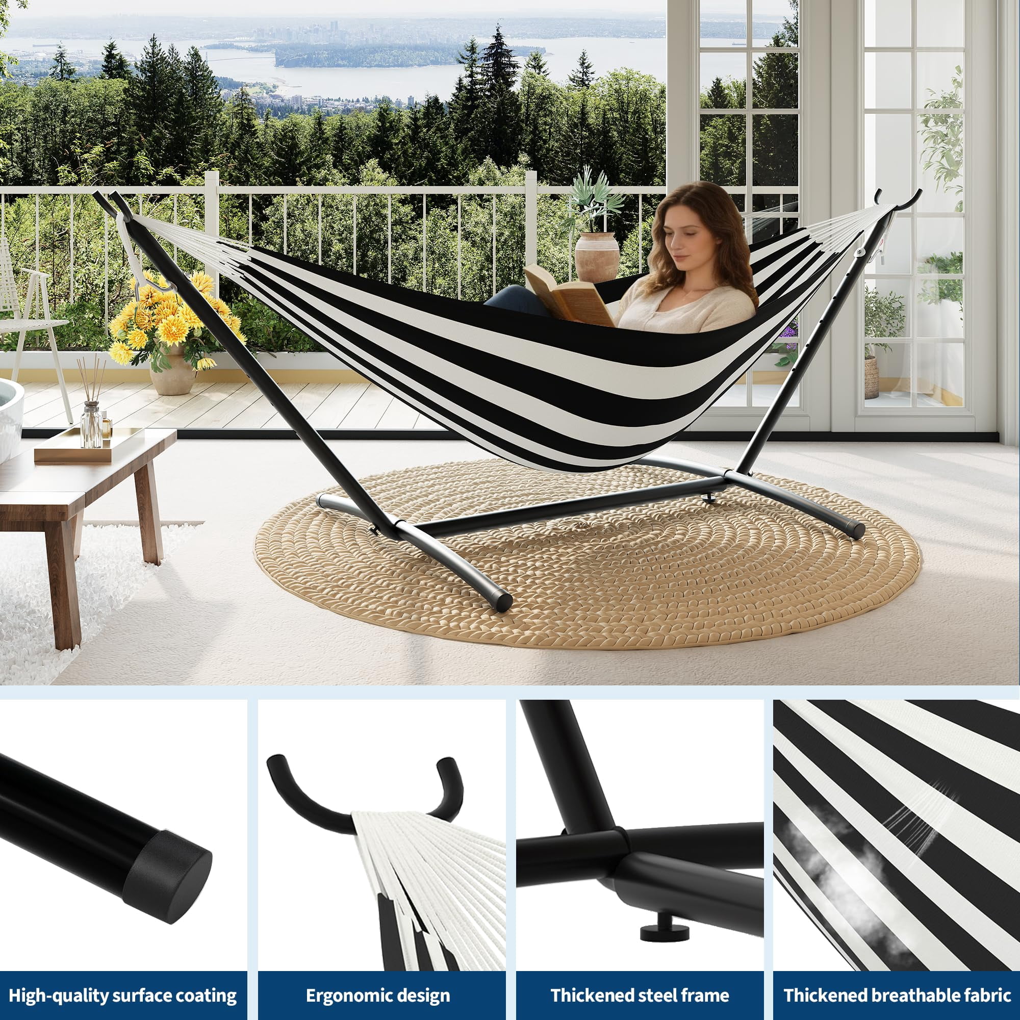 Double Hammock with Heavy Duty Steel Stand, 450 lbs Capacity, Portable Outdoor Hammock Set with Carry Bag for Patio, Yard, Camping, and Garden