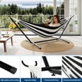thumbnail image 3 of Hamac Double avec Support en Acier Robuste – Conception Portable et Peu Encombrante pour Patio Intérieur/extérieur – Polyester Coton Confortable, Capacité de 450 Lb, Sac de Transport – Rayures Gris Foncé et Blanches, 3 of 7