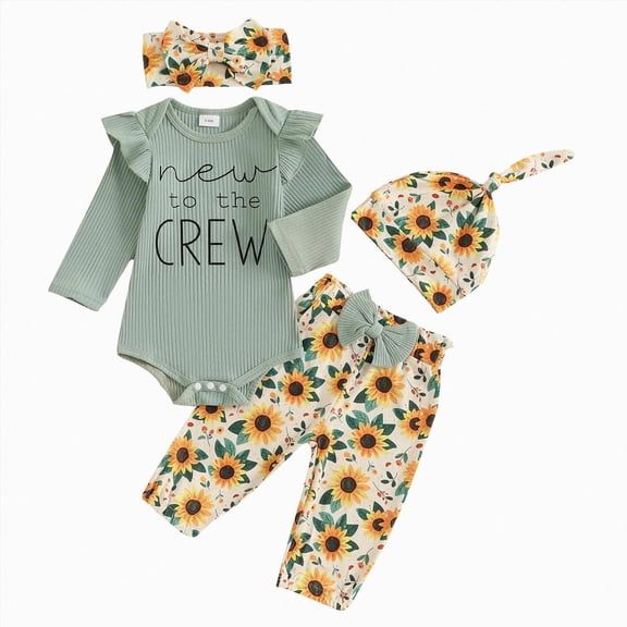 CAUYDY Infant Clothes Girl Newborn Girls Photoshoot Outfits Fall Winter 4PCS Ruffle Romper Floral Pants Bow Headband Warm Hat Set for Baby 0 3 6 Months (Sizes 0-3 Months,Green)