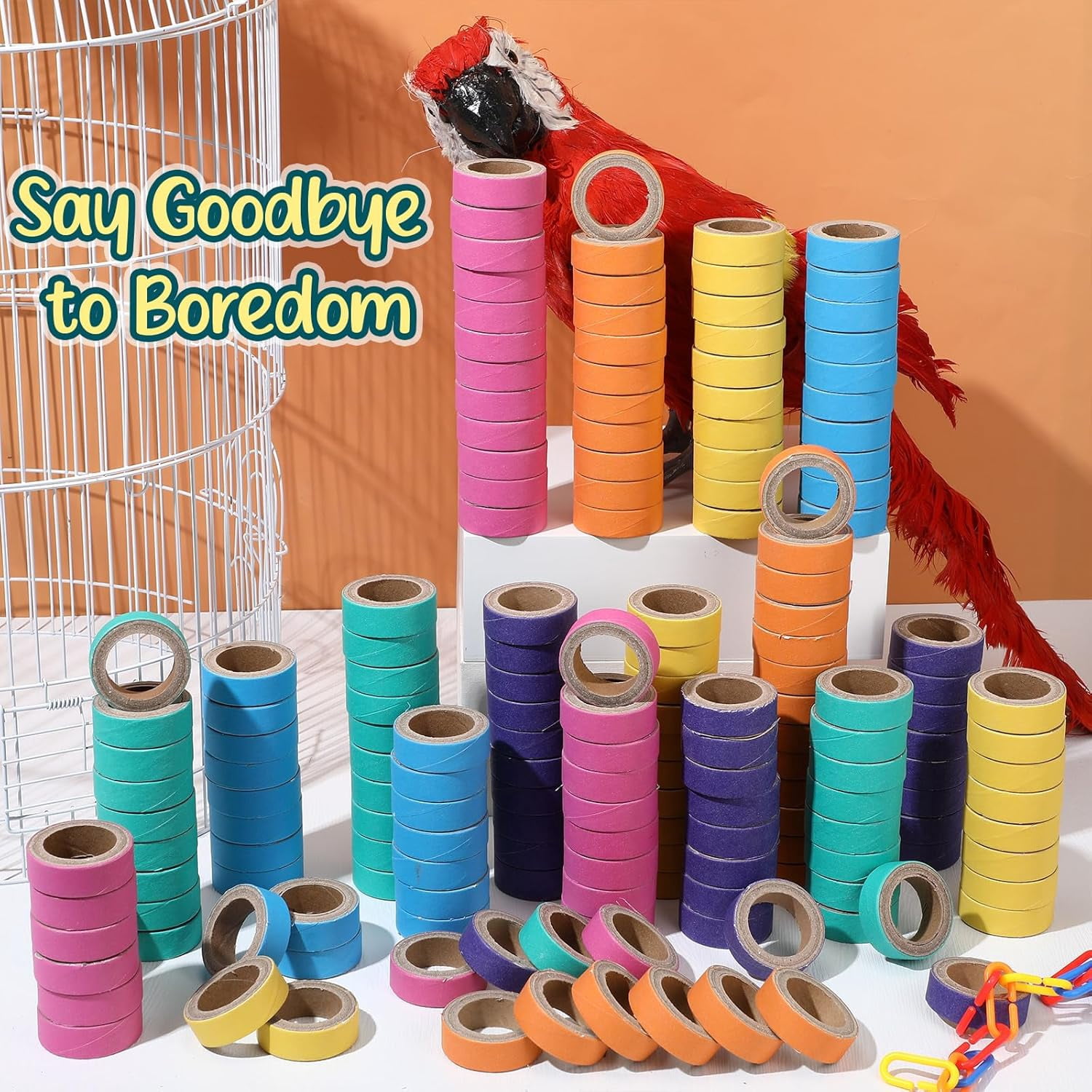 120 Pcs Bagels Bird Toys Bulk for Parrots Cardboard Core Bird Toy Chewing Shredding Foraging Play Foot for Medium and Large Parrot Mini Macaws African Grey Cockatoos
