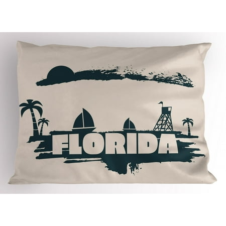 Florida Pillow Sham, Palms Safeguard Tower on Beach Yachts and Paintbrush Cloudscape, Decorative Standard Size Printed Pillowcase, 26 X 20 Inches, Dark Blue Grey and Eggshell, by (Best Beaches To Find Shells In Florida)