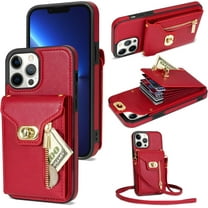 Phone Case for iPhone 13 Pro 6.1 inch Wallet Cover with Credit Card Holder Zipper Slot Crossbody Strap Lanyard Leather Stand Cell iPhone13Pro 5G i i-Phone i13 iPhone13 13Pro Women Girls Red