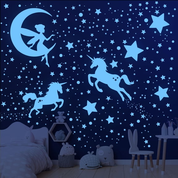 Sinekong 585PCS Glow in The Dark Stars for Ceiling, Fairy Unicorn Wall Stickers for Nursery Bedroom Wall Decor