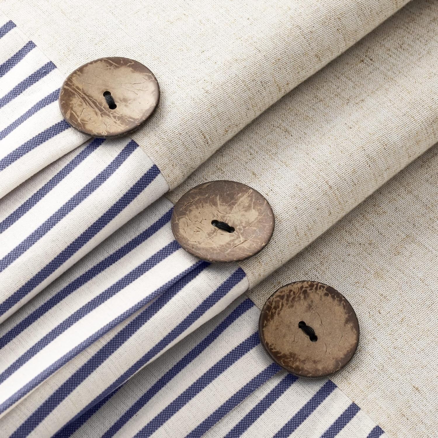 Psoiuetr Linen Shower Curtains for Bathroom Farmhouse Shower Curtain Rustic Country Button Fabric Pleated Blue Stripe 72" x 72"