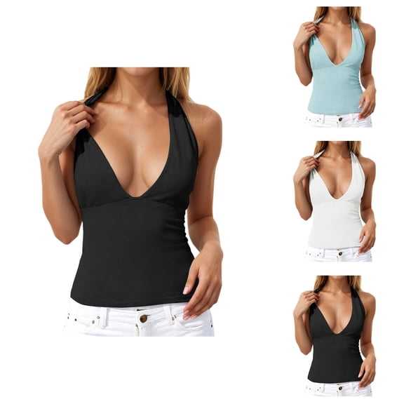 Halter Tank Tops for Women Slimming V Neck Backless Casual Plain Sleeveless Shirt Y2k Going out Tops Summer Outfits