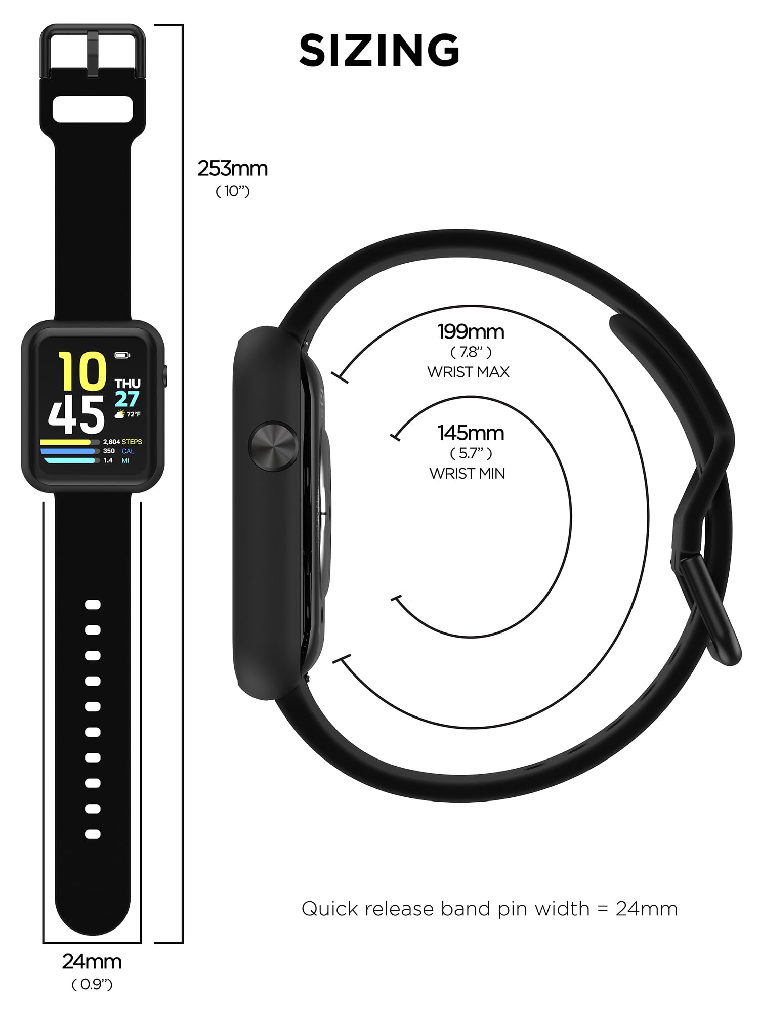 iTech Fusion 3 Unisex Adult Rectangular Smart Watch, Black, Silicone Strap