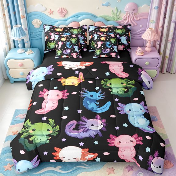 Manfei Cartoon Animal 7-Piece Twin Bedding,Aquatic Amphibian Axolotl Print Bedding Comforter Set,Black Reversible
