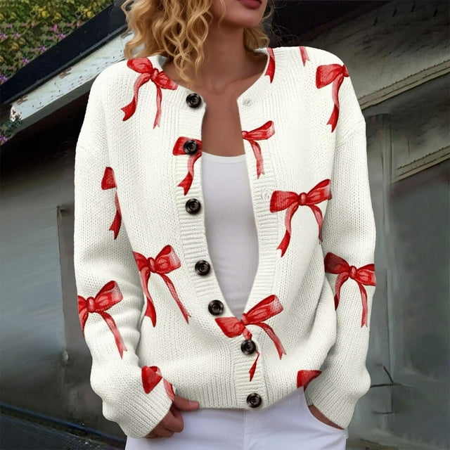 Plus Size Women's Christmas Santa & Tree Embroidered Cardigan Long Sleeve Round Neck Button Down Knit Sweater For Holiday Season