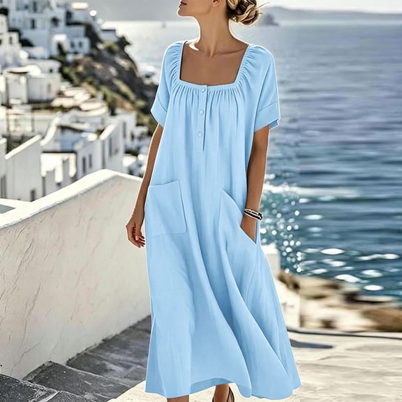 ClodeEU Women's Square Neck Puff Sleeve Maxi Dress,Casual Loose Fit Flowy Dress Light Blue,Women's Plus L