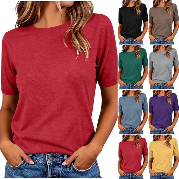 Otntypg Fall Sweaters for Women Short Sleeve Basic Solid Color Knitted Crewneck Pullover Sweater Top Lightweight Loose Business Casual Tops