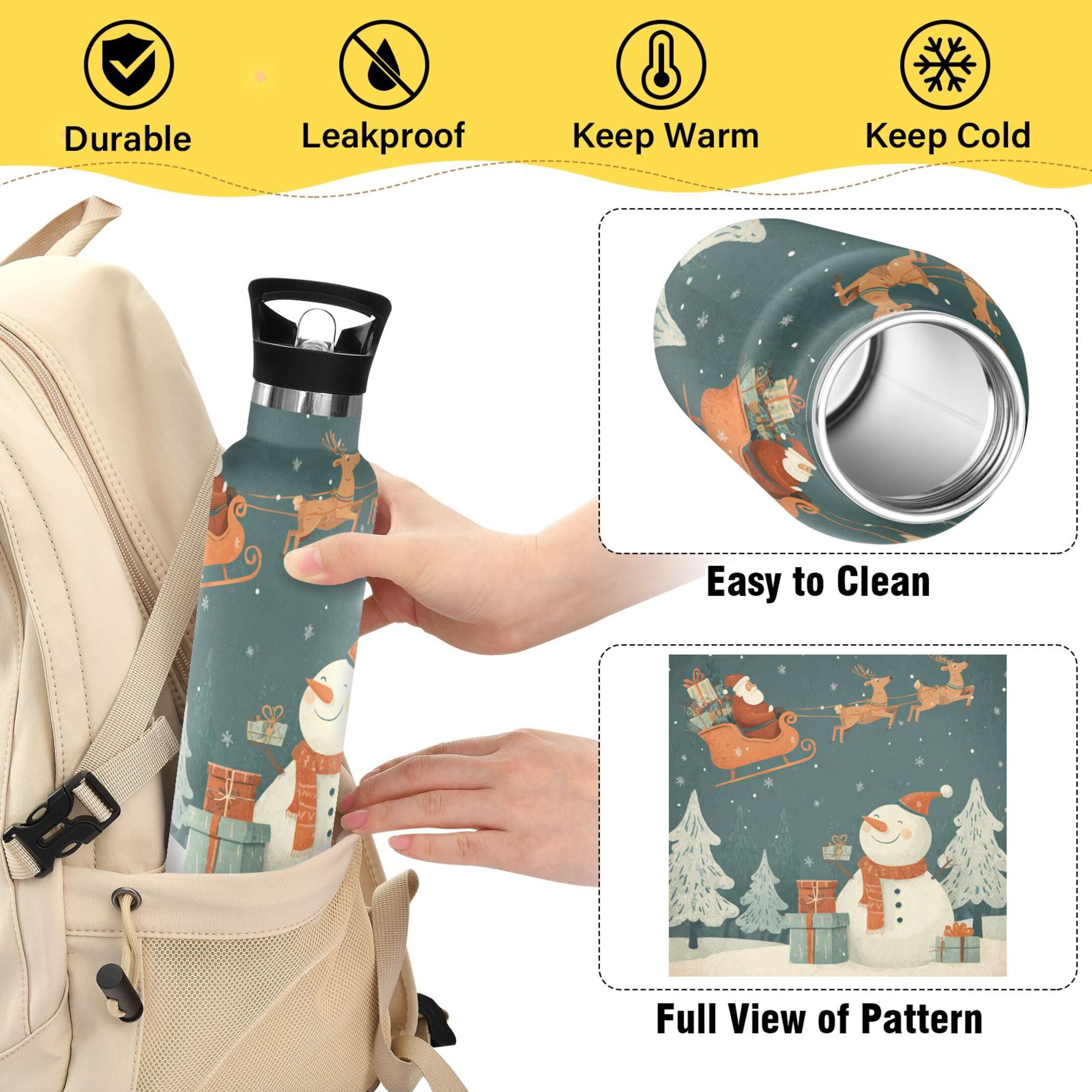600ML Stainless Steel Insulated Cup Sports Water Bottle Portable Thermos Cup Water Glasses Insulated Tumblers Convenient and Durable A Snowman