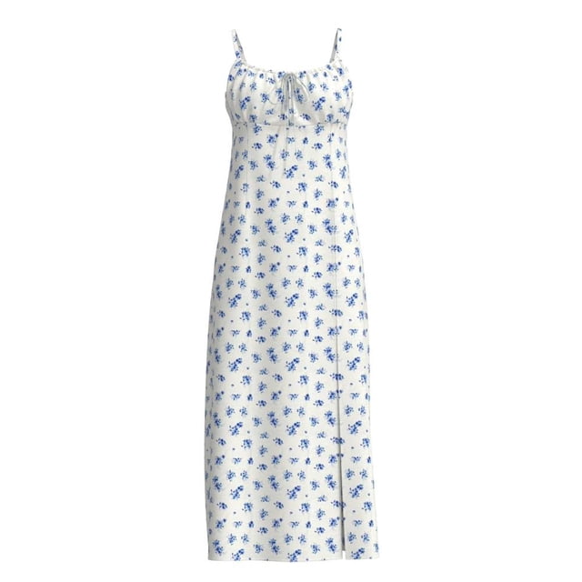 Vestido George para Mujer Largo con Abertura en Pierna,Tirante Delgado, Floral Azul Talla M