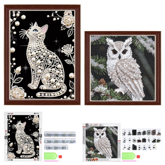 2Pcs Faux Pearl Diamond Art Kits for Adults, Cat and Owl DIY 3D Diamond Painting Set with Extra Beads, Beginner Friendly Wall Decor