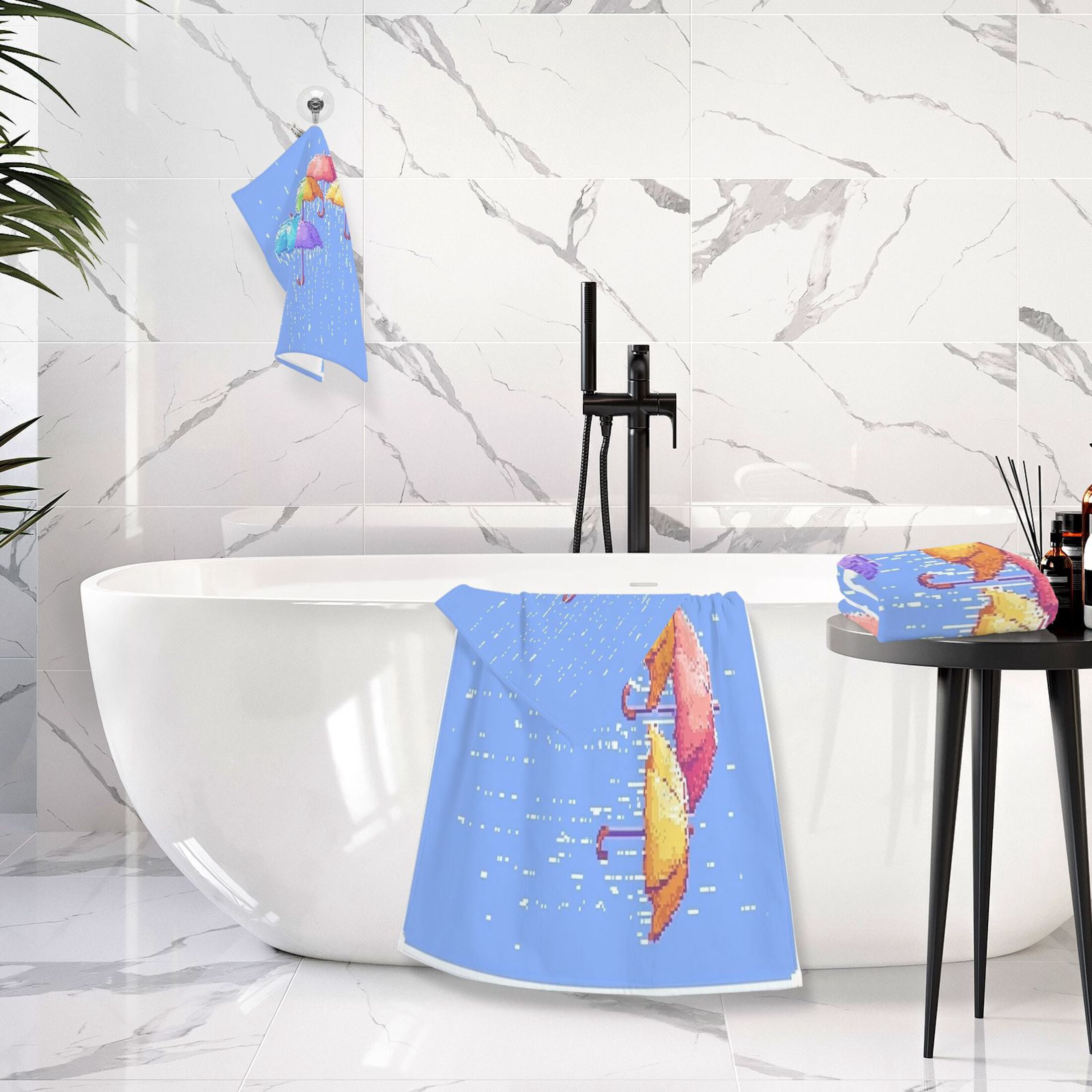 Umbrellas 2 Piece Cotton Bath and Face Towel Set Soft and Absorbent, for Beach Pool Bathroom