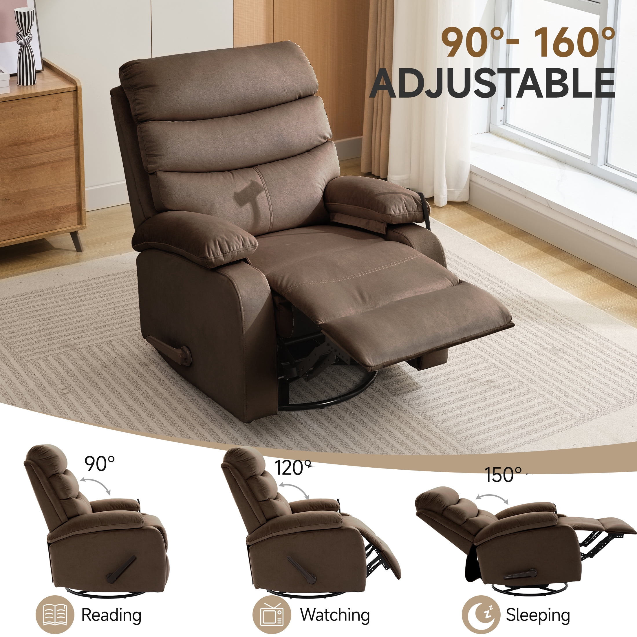 Manual Swivel Rocker Recliner for Small Spaces, Swivel Rocker Recliner Chair Small Rocker Recliner Chair for Living Room, RV, Nursery, Bedroom, Dark Brown