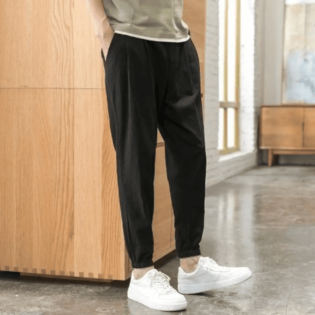 CHUANK Pantalon Court d'Été Mince en Lin pour Homme, Couleur Unie, Polyvalent, Bas Froncé, Style Coréen, Coton et Lin Frais, Décontracté