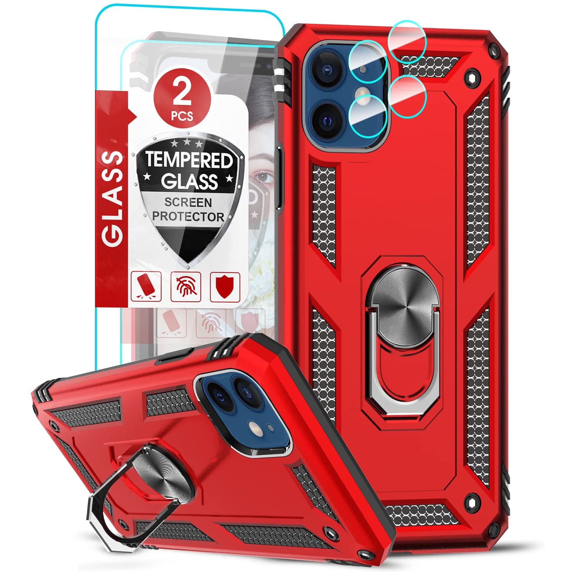 Compatible for iPhone 12 Mini Case with [2 Pack] Tempered Glass Screen Protector and Camera Lens Protector for Women Men, Military-Grade Phone Case with Kickstand Ring for iPhone 12 Mini, Red