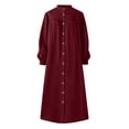 thumbnail image 3 of OSOLU Dresses Women Casual Solid Color Dress Button V-Neck Long Sleeve Loose Long Dress Cozy Sundress Wedding Guest Dress, 3 of 5