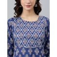 thumbnail image 5 of Janasya Indian Round Neck 3/4 Sleeve Floral Print Blue Cotton Kurta For Women, 5 of 5