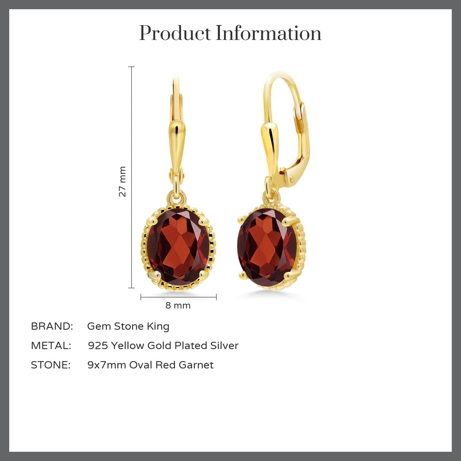 Gem Stone King 18K Yellow Gold Plated Silver Red Garnet Leverback Dangle Earrings for Women (3.60 Cttw, Gemstone January Birthstone, Oval 9X7MM)