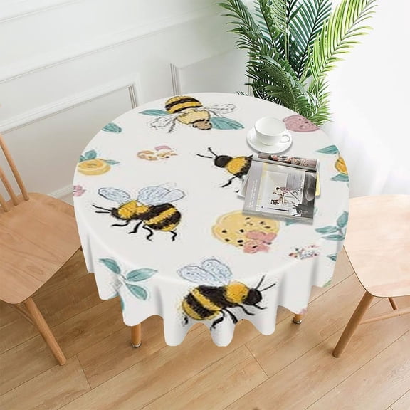 RKSupls 60 Inch Round Tablecloth, Bees Flowers Pattern Premium Polyester Straight Edge Wrinkle Resistant Washable Table Cover for Party Home Dining Decor