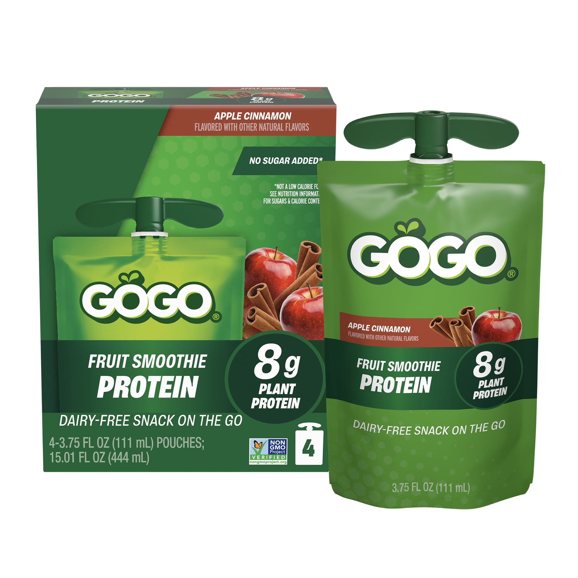 GOGO 8g PROTEIN Apple Cinnamon Fruit Smoothie On The Go Pouches , 3.75 fl oz (4 Pack)