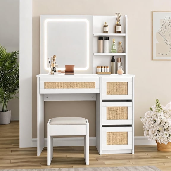 YUSAZENS Rattan Vanity Desk with Adjustable LED Mirror, 4 Drawers & 2 Open Shelves, White Wood Makeup Table, Modern Dressing Station for Bedroom Home Closet – 35.4 inch