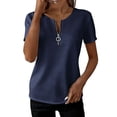thumbnail image 2 of Uootdi Womens Tops Quarter Zip V Neck Slim Fit Short Sleeve Stretchy Lightweight Blouses Basic Tees Evening Chic Outfit Gift, 2 of 6