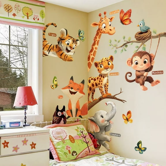 Large forest animal wall stickers, giraffes, monkeys, lions, fox wall stickers, elephant wall stickers, plant stickers Peel and Stick Forest Girl Wall Stickers for Baby Nursery Kids Bedroom