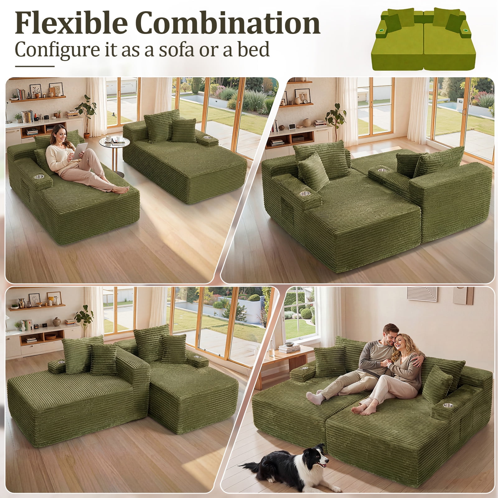 IPKIG Green Corduroy 85" Double Chaise Sofa Bed, No-Assembly-Required Oversized Loveseat with Boneless Cloud Sleeper Design