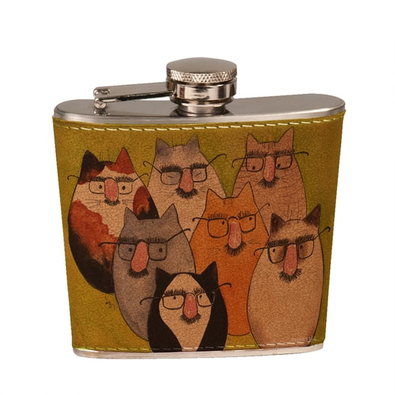 KuzmarK 6 oz. Leather Pocket Hip Liquor Flask - Seven Incognito Kitties Abstract Cat Art by Denise Every