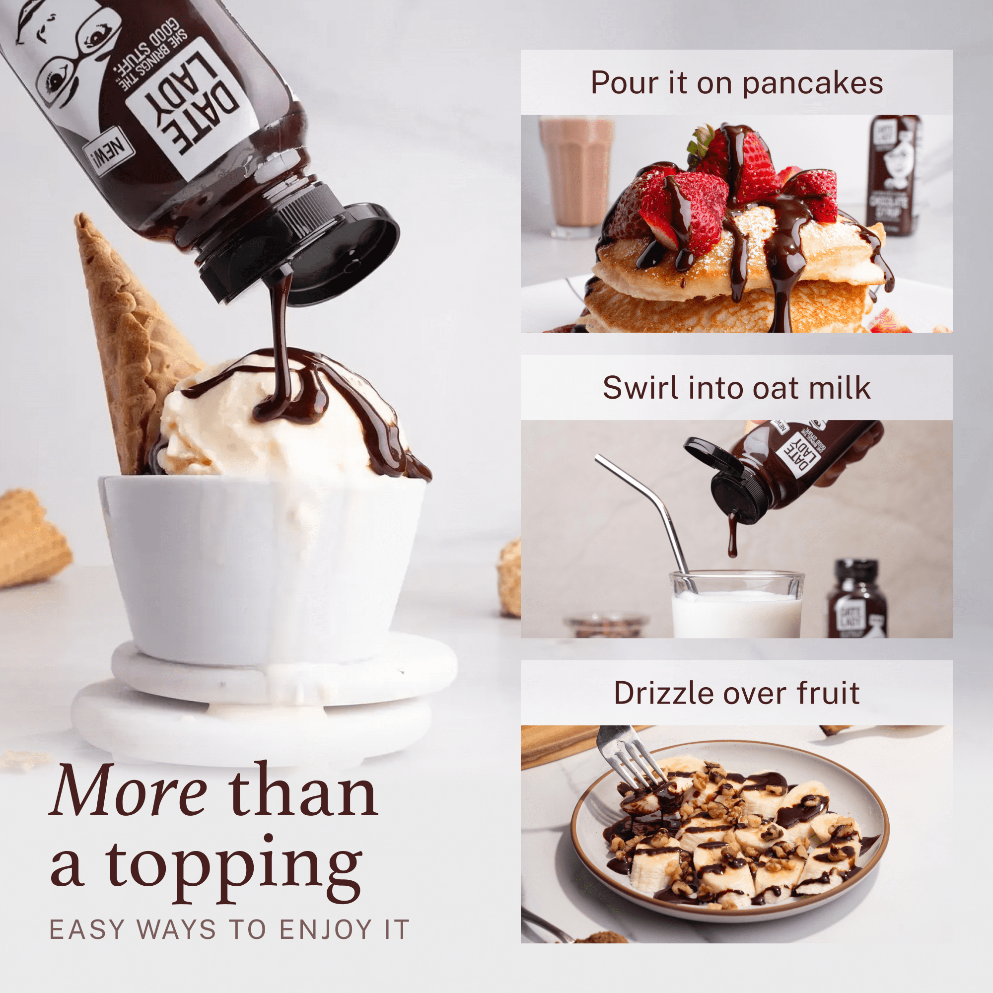 Date Lady Chocolate Syrup | Sweetened only with dates | No refined sugar, corn syrup or flavoring.
