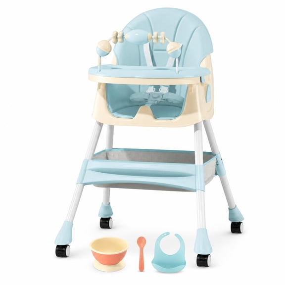 YUCHANG 4- in-1 Baby High Chair,Adjustable Convertible Infant Baby Feeding Chair Booster for Eating with Detachable Double Tray,5 Point Harness