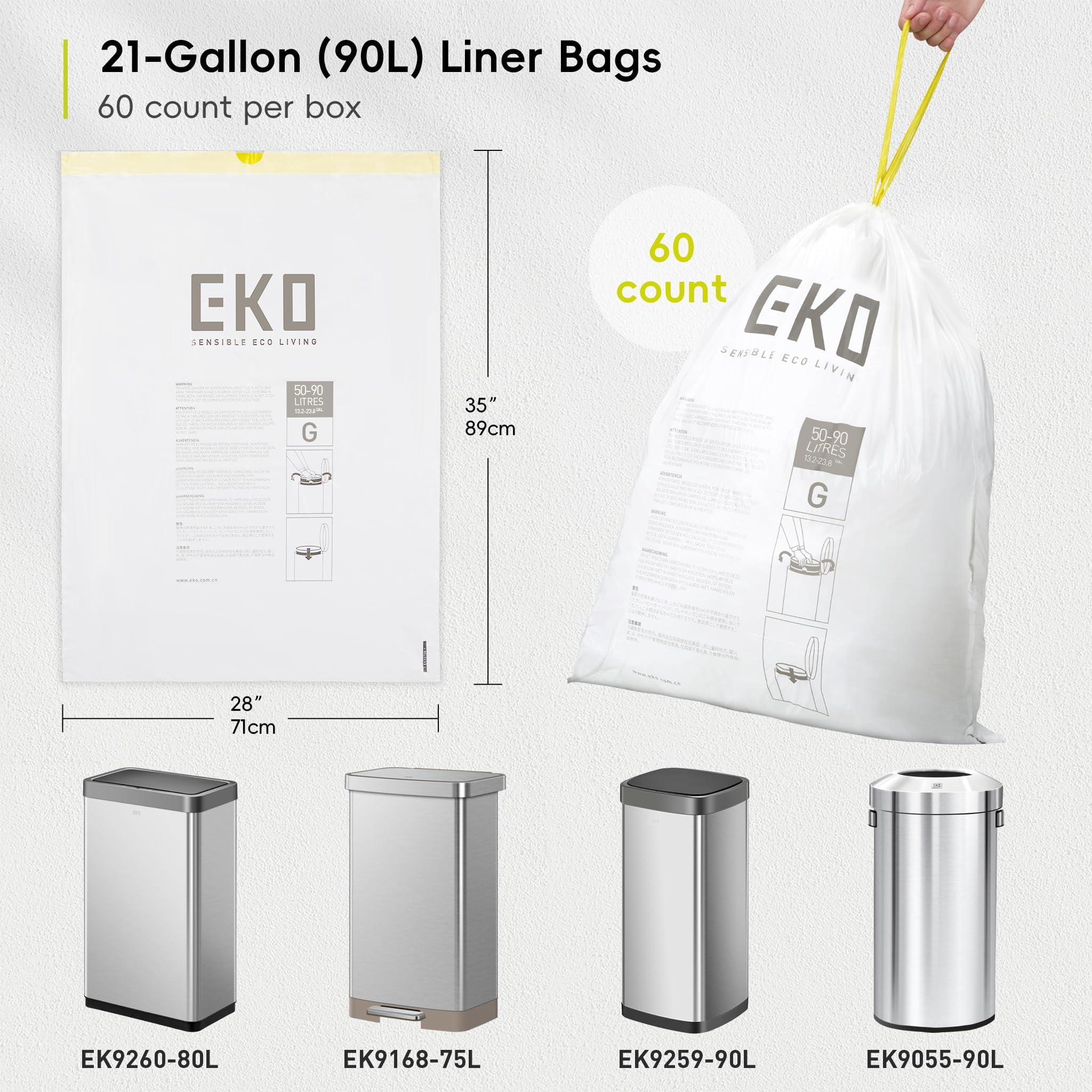 Eko 21 Gallon / 50-90 Liter  60 Count Drawstring Trash Bags Extra-strong Garbage Fresh Floral Scent With Continuous Odor Control Easy-dispense Roll For Kitchen And Household Use Code G White
