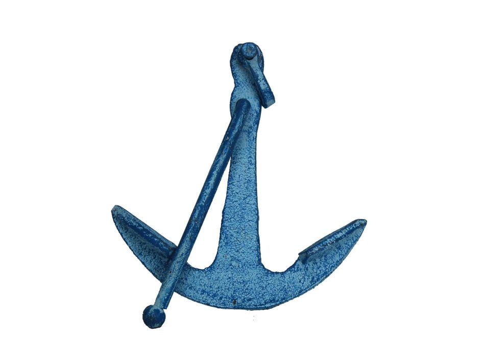 Rustic Light Blue Whitewashed Cast Iron Anchor Paperweight 5' - Metal Art Decoration - Decorative Cast Iron